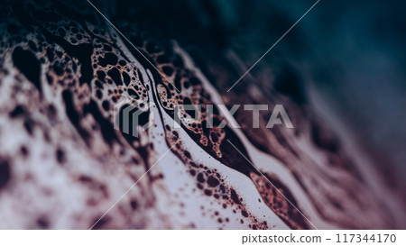 Defocused acid fluid. Ink foam. Blue color chemical bubbles texture liquid spill flow wave on dark black abstract art background. 117344170