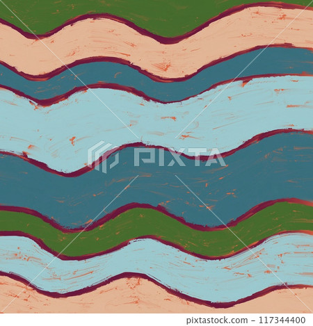 Oil painting colorful abstract square background. Squiggly curved horizontal stripes of green, light blue and orange 117344400