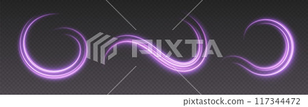 Glowing purple light swirls with smooth, flowing curves. Light effect in motion concept. 117344472