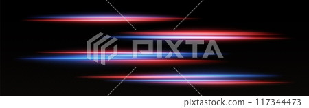 Speed lines light effect, glowing magic rays, abstract neon lines. Police lights in motion concept. 117344473