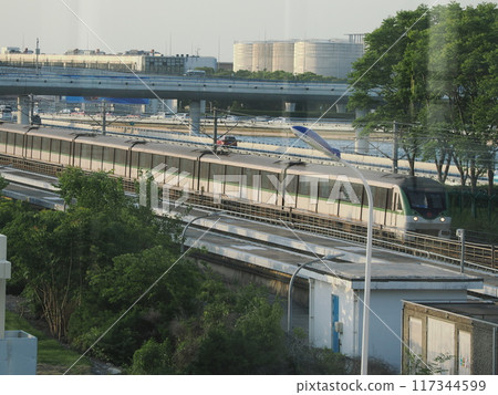 Subway trains arriving and departing at Shanghai Pudong International Airport, Pudong New Area, Shanghai, People's Republic of China Subway trains arriving and departing at Shanghai Pudong International Airport, Pudong New Area, Shanghai, People's Republic of China 117344599