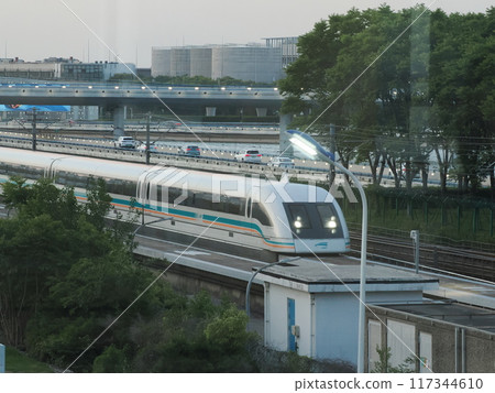 Linear motor car arriving and departing at Shanghai Pudong International Airport, Pudong New Area, Shanghai, People's Republic of China Linear motor car arriving and departing at Shanghai Pudong International Airport, Pudong New Area, Shanghai, People's Republic of China 117344610