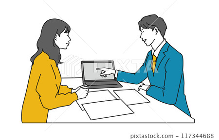 A simple illustration of a male planner in a suit giving an explanation 117344688