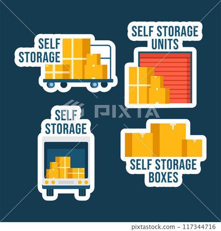 Self Storage Label Flat Cartoon Hand Drawn Templates Background Illustration Self Storage Label Flat Cartoon Hand Drawn Templates Background Illustration 117344716