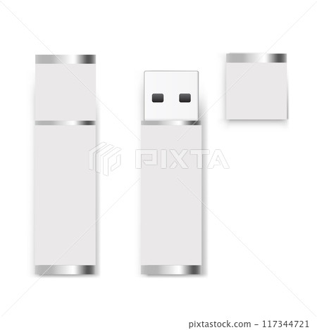 A white USB flash drive with a detachable cap and metallic accents. Vector 117344721
