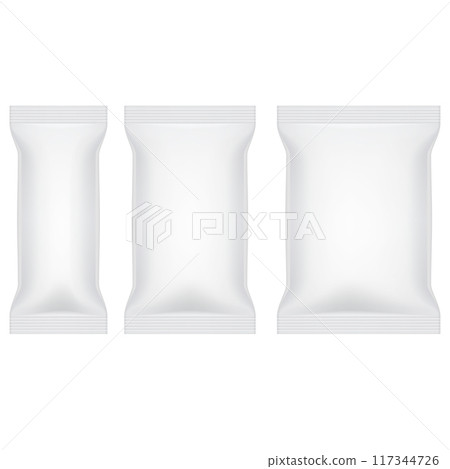 Three white packaging bags of different sizes. Vector 117344726