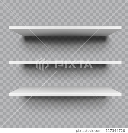 Three white floating shelves in a minimalistic, clean. Vector Three white floating shelves in a minimalistic, clean. Vector 117344728
