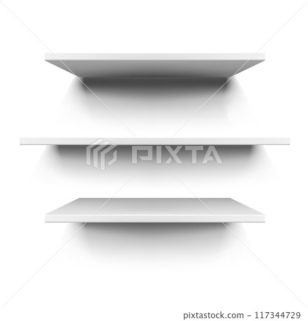 Three white floating shelves in a minimalistic, clean. Vector Three white floating shelves in a minimalistic, clean. Vector 117344729