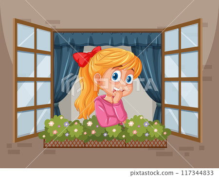 Girl Daydreaming at Window 117344833