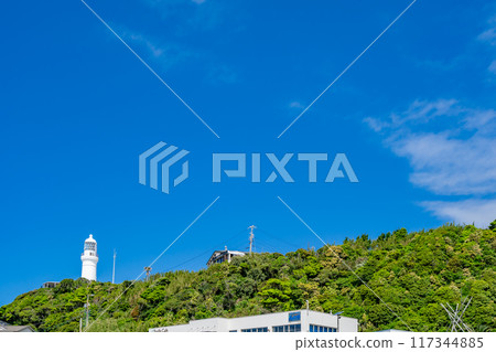Omaezaki Lighthouse, the southernmost cape in Shizuoka Prefecture, the symbol of Omaezaki City, a white Western-style lighthouse that stands out against the blue sky, lighthouse and blue sky Omaezaki Lighthouse, the southernmost cape in Shizuoka Prefecture, the symbol of Omaezaki City, a white Western-style lighthouse that stands out against the blue sky, lighthouse and blue sky 117344885