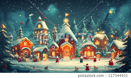 Colorful North Pole Scene with Santa s Workshop and Cheerful Elves in Winter Wonderland 117344931