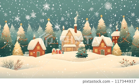 Cozy Snowy Christmas Village with Decorated Evergreen Trees and Holiday Spirit Cozy Snowy Christmas Village with Decorated Evergreen Trees and Holiday Spirit 117344937