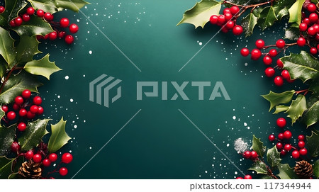 Colorful Christmas Banner with Festive Holly Mistletoe and Greenery Border Colorful Christmas Banner with Festive Holly Mistletoe and Greenery Border 117344944