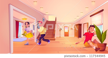 Naughty children pranking father at home 117344945