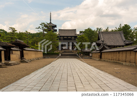 [Horyu-ji Temple] The five-story pagoda and inner gate of Horyu-ji Temple as seen from the Great South Gate 117345066