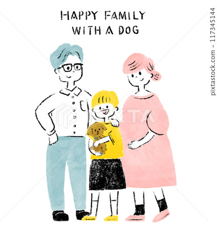 A happy family of three with a dog 117345144