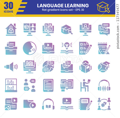 Language learning flat gradient icon set. Vector illustration Language learning flat gradient icon set. Vector illustration 117345477