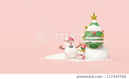 3d snowman and cute monster friends on snow hill with christmas tree isolated on pink background. merry christmas and happy new year, 3d render illustration 117345769
