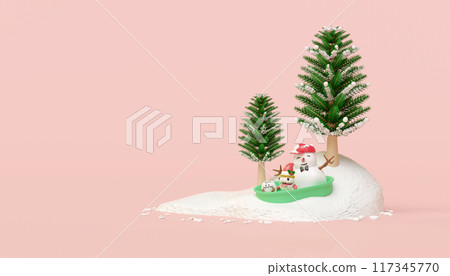 3d snowman and cute monster friends in bucket with christmas tree isolated on pink background. merry christmas and happy new year, 3d render illustration 117345770