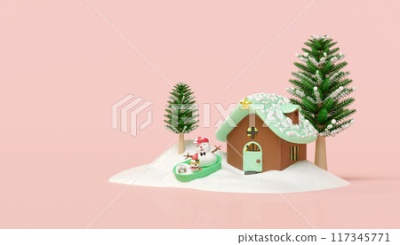3d snowman and cute monster friends in bucket with house, christmas tree isolated on pink background. merry christmas and happy new year, 3d render illustration 117345771