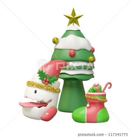 3d cute monster with christmas sock, tinsel, gift box, christmas tree, staff isolated. merry christmas and happy new year, 3d render illustration 117345775
