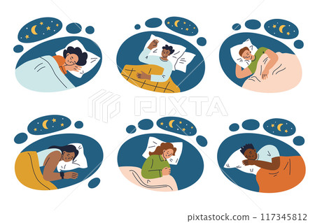 Vector illustration set of cartoon images with diverse people peacefully sleeping at night. Cozy, tranquil sleep position under a starry sky and crescent moon, relaxation and restfulness 117345812