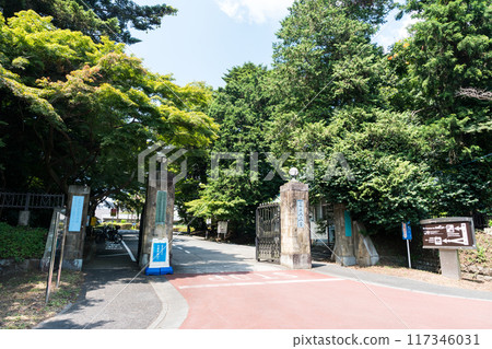Entrance to the National Astronomical Observatory, National Astronomical Observatory main gate, clear summer sky, Mitaka, Tokyo Entrance to the National Astronomical Observatory, National Astronomical Observatory main gate, clear summer sky, Mitaka, Tokyo 117346031