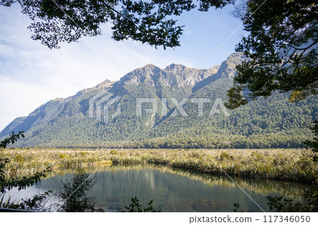 Mountain range with lake in foreground framed by tree branches, Fiordland, New Zealand 117346050