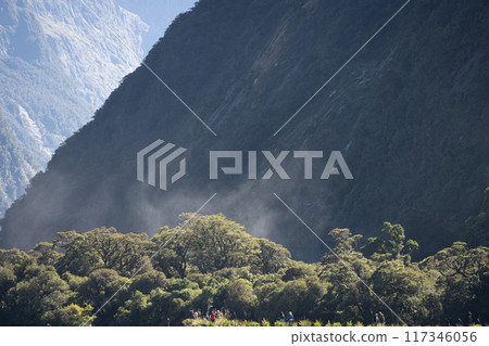 Tourists walking trough wet rainforest with haze rising in background, Fiordland, New Zealand 117346056