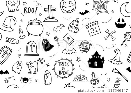 Halloween hand drawn pattern seamless background. Cover halloween doodle style for textile fabric cute design. Halloween hand drawn pattern seamless background. Cover halloween doodle style for textile fabric cute design. 117346147
