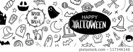 Halloween hand drawn banner abstract background. Cover halloween doodle style cute design. 117346148