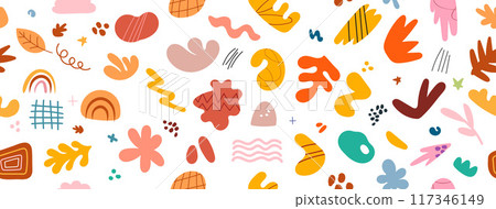 Abstract cute shape doodle fun hand drawn in pattern seamless background. Autumn Fun illustration for children pattern design. Abstract cute shape doodle fun hand drawn in pattern seamless background. Autumn Fun illustration for children pattern design. 117346149