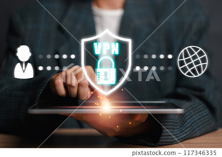 Illustration of a Virtual Private Network (VPN) concept with a digital shield and lock on a tablet, symbolizing online privacy and data protection. 117346335