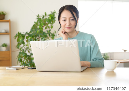 經營個人電腦的中年婦女 經營個人電腦的中年婦女 117346407