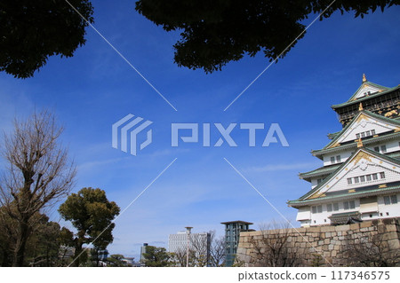 日本著名的城堡:大阪城的天守閣在藍天的背景下熠熠生輝 日本著名的城堡:大阪城的天守閣在藍天的背景下熠熠生輝 117346575