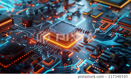 High-Tech Neon-Lit Digital Circuit Board with Glowing Elements 117346595