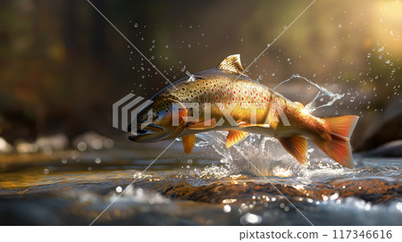 Vibrant Trout Leaping Out of the Water 117346616