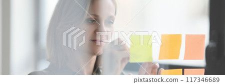 Manager putting stickers note on transparent glass wall in office 117346689