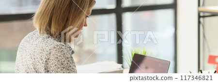 Businesswoman sitting at workplace and working on laptop in office Businesswoman sitting at workplace and working on laptop in office 117346821