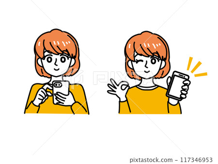 A woman operating a simple touch smartphone 117346953
