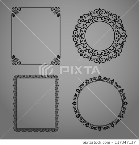 Set of decorative frames Elegant vector element for design in Eastern style, place for text. Floral black and gray borders. Lace illustration for invitations and greeting cards Set of decorative frames Elegant vector element for design in Eastern style, place for text. Floral black and gray borders. Lace illustration for invitations and greeting cards 117347137