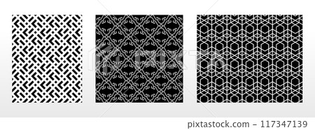 Geometric set of seamless black and white patterns. Simple vector graphics. Geometric set of seamless black and white patterns. Simple vector graphics. 117347139