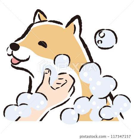 Hand drawn illustration of shampooing a dog 117347157