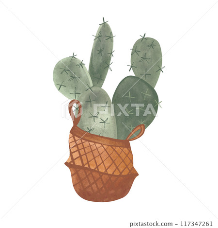 Cactus in a wicker basket. Plants for the home. Floriculture. Interior decoration. Isolated watercolor illustration on white background. Clipart. 117347261