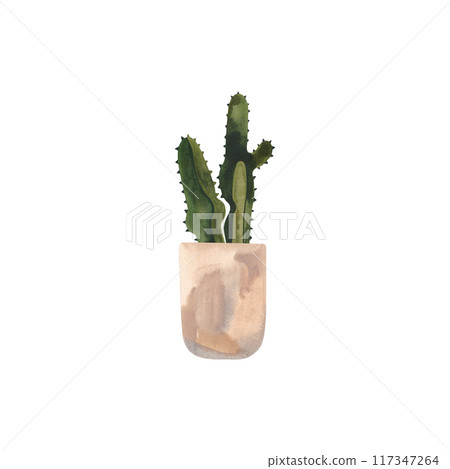 Cactus in a light concrete pot. Plants for the home. Floriculture. Interior decoration. Isolated watercolor illustration on white background. Clipart. 117347264