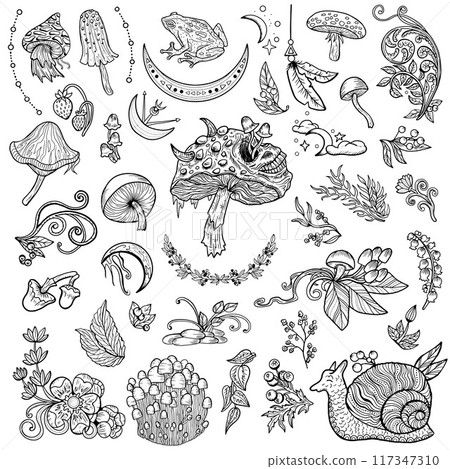 Design vector set with mystic mushrooms, magic and floral decorative doodle elements, witchcraft symbols isolated on white. Esoteric and witchy forest concept, line art illustrations 117347310