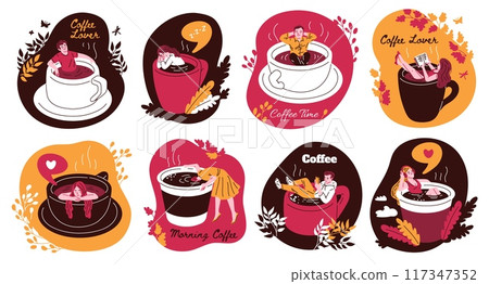 Coffee enthusiasts in mugs vector illustration set 117347352