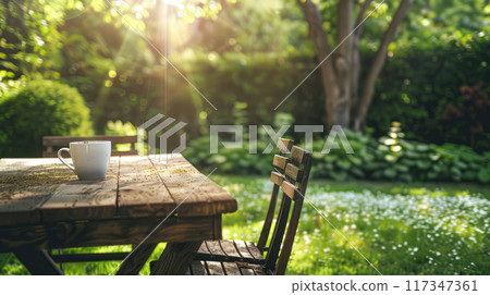 Wooden Table in Backyard 117347361