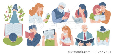Young and elderly people reading a book with enjoy and great interest, cartoon booklover characters vector set isolated 117347404