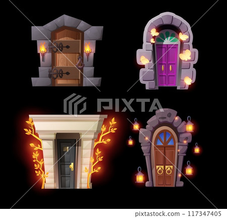 Front doors with windows and forged metal hinges game asset set. 117347405